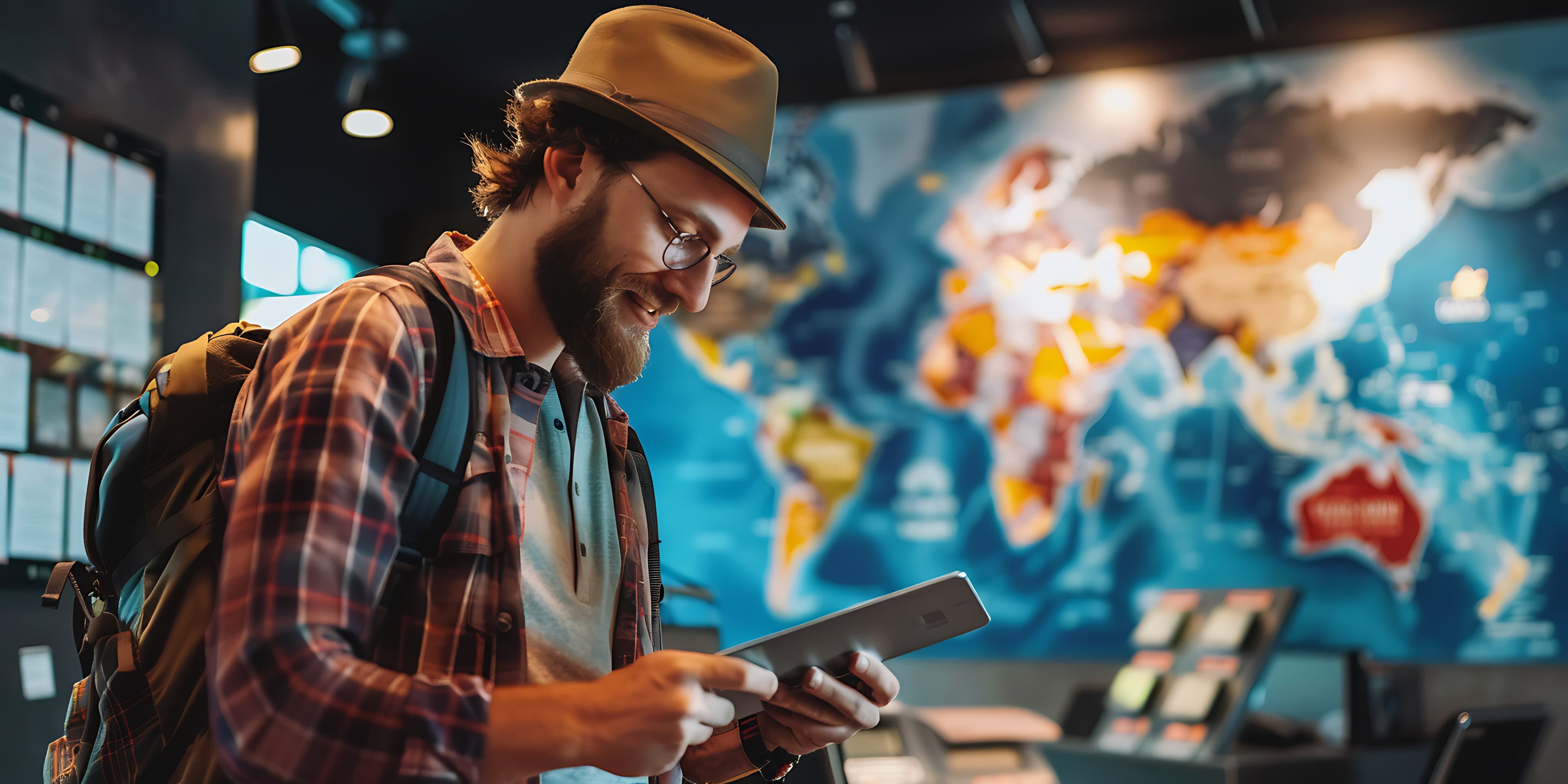 Traveler using tablet